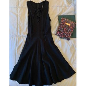 Lord & Taylor Black Skater Dress with Lace-Up Cross Chest